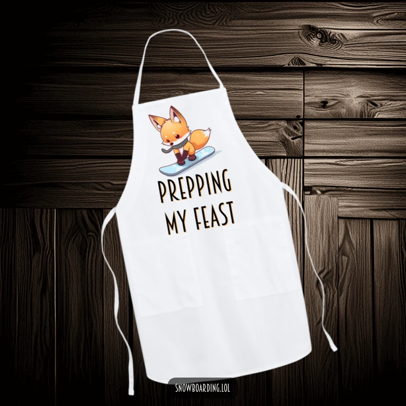 Funny curious fox cautiously testing its snowboard edge while wearing a humorous apron.