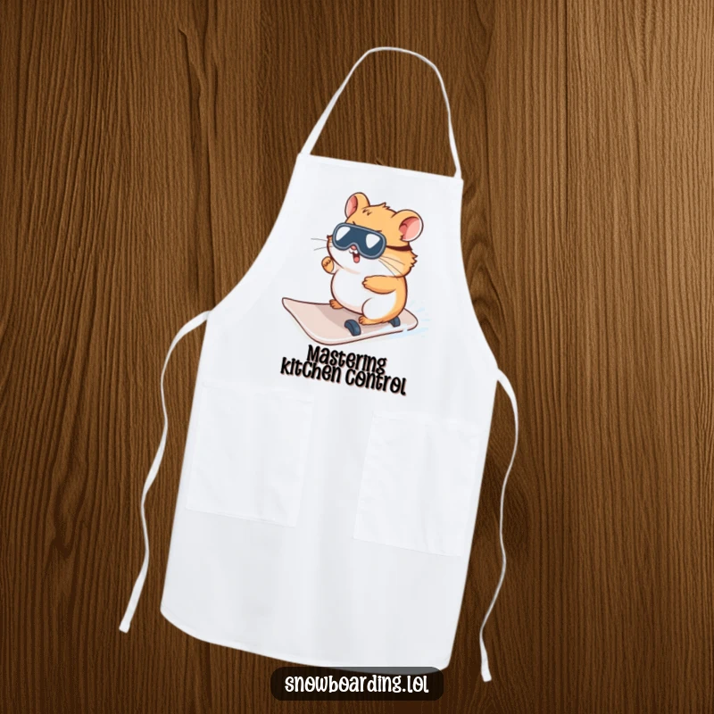 Funny Hamster Snowboard Apron, ready for kitchen tasks, with a character hilariously trying to steer, adding winter charm.