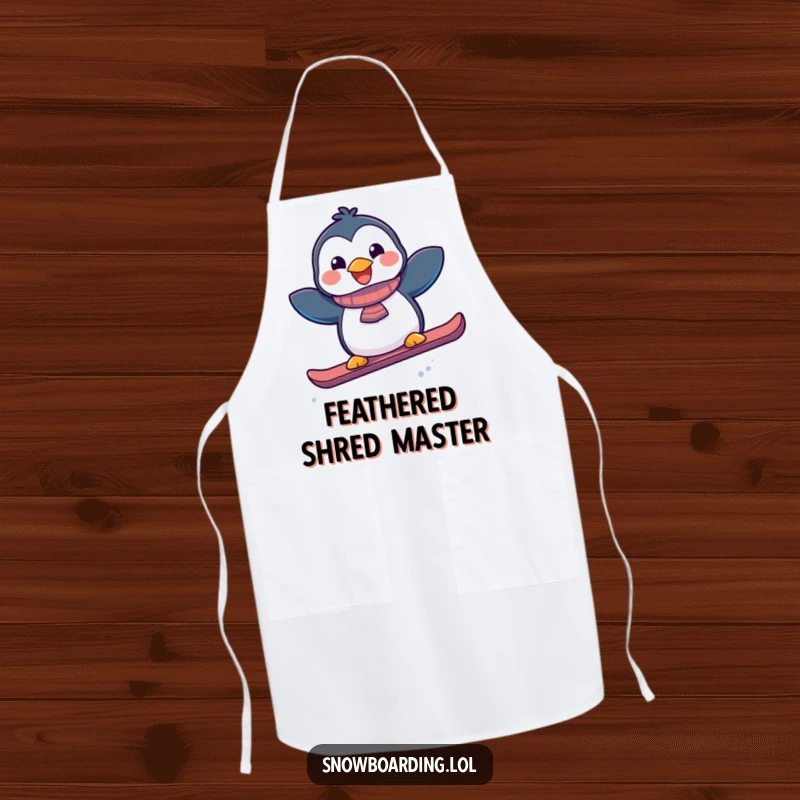 Funny joyful penguin snowboarder apron, ready for action in the kitchen with a humorous winter theme.
