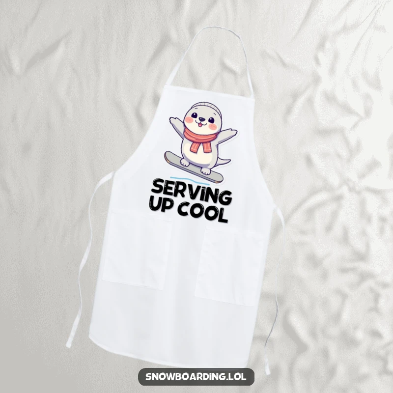 Funny Seal Snowboard Apron, ready for culinary adventures, featuring a character balancing with winter charm and humor.