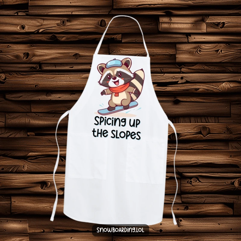 Funny Raccoon Apron, ready to cook, with a comical snowboard spin element, adding kitchen humor and winter vibes.