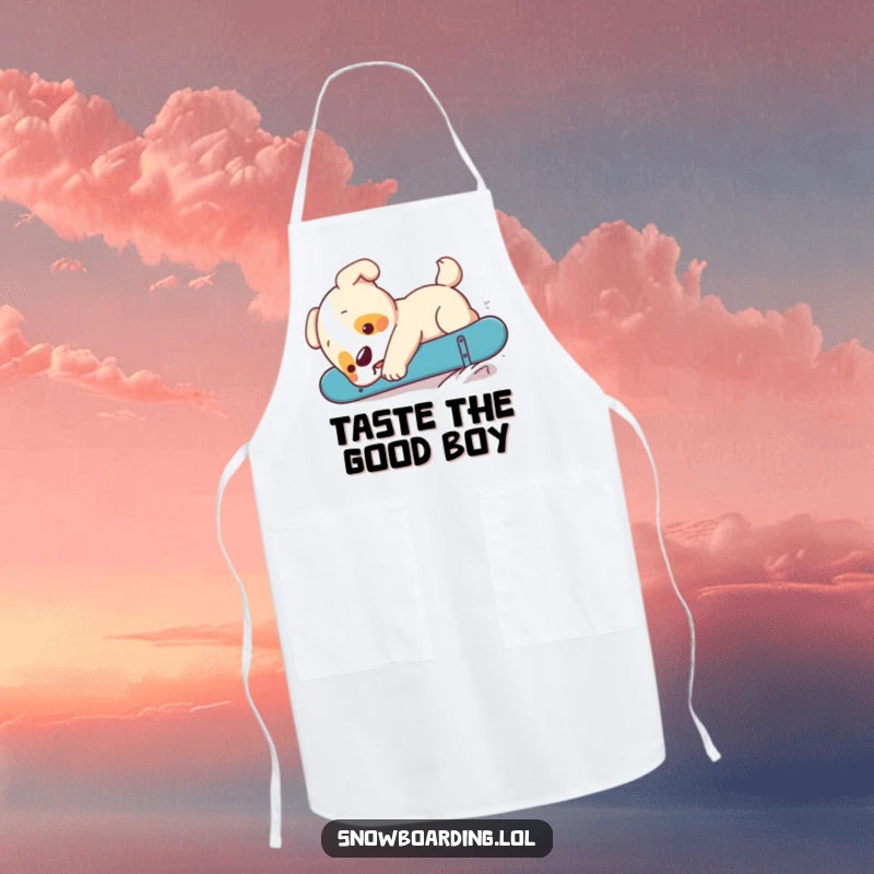 Funny puppy in a chef hat, tumbling off a snowboard, a hilarious apron for kitchen mishaps.