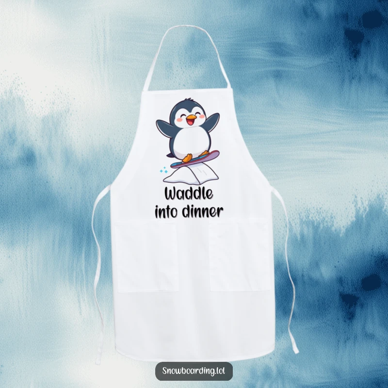 Funny apron showcasing a joyful penguin snowboarding, fun for kitchen use and winter sports enthusiasts.