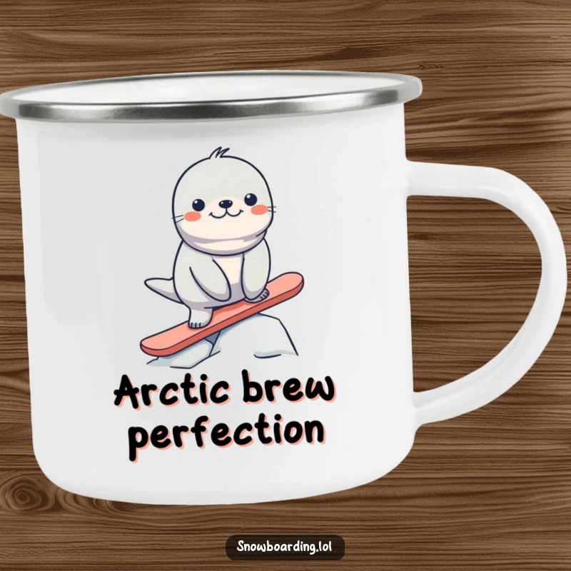 Funny seal adorably wobbling on a snowboard, depicted on a sturdy camping mug for hilarious outdoor sipping.