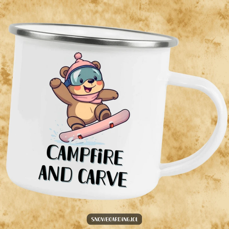 Funny bear snowboarder camping mug, showcasing a determined bear with a grin landing a snowboarding trick, ready for the outdoors.