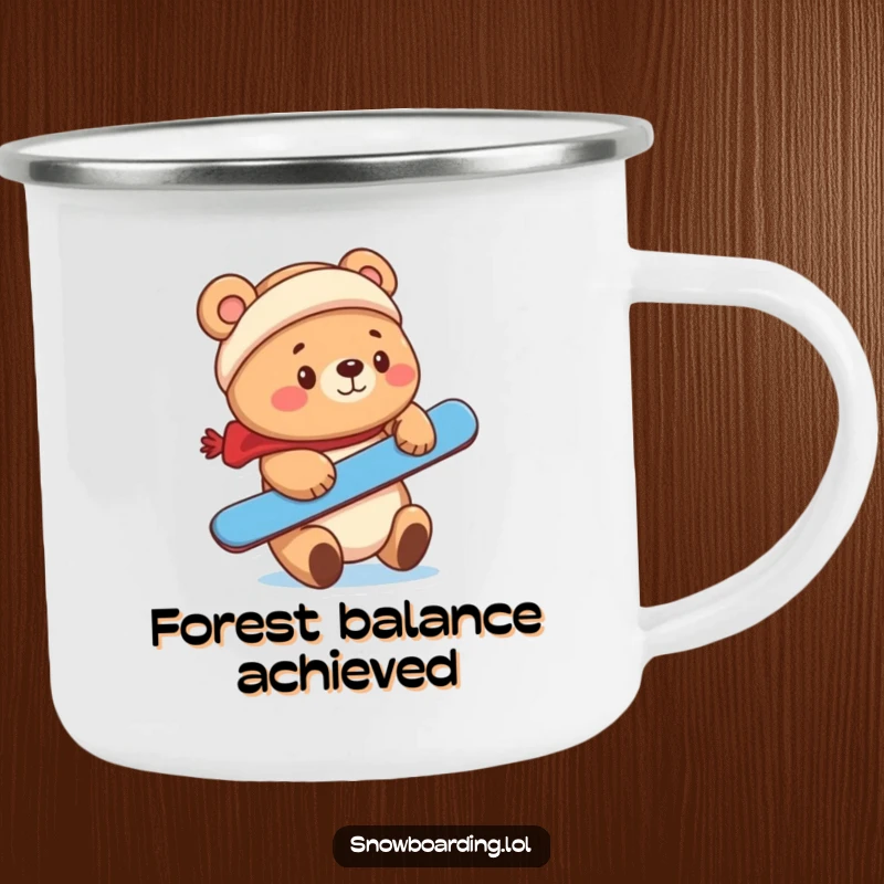 Funny cute bear balancing a snowboard on its nose on a camping mug.