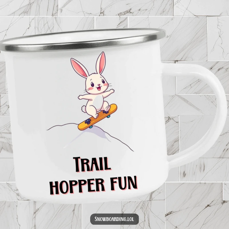 Funny camping mug with a bouncing bunny precariously riding a board downhill, perfect for outdoor fun and drinks.