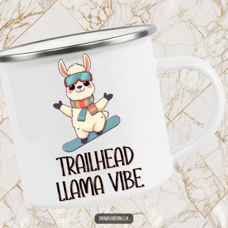 Funny Llama Snowboarder Camping Mug: A durable mug with a cool llama on a snowboard, perfect for outdoor adventures.