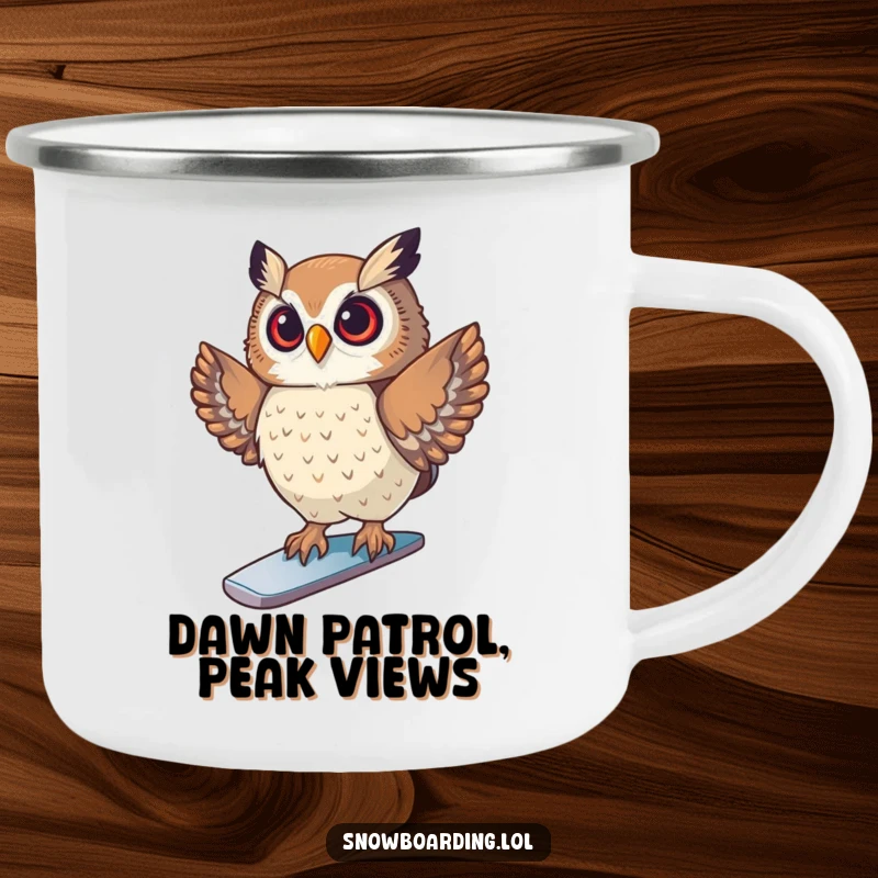 Funny Camping Mug featuring a proud owl striking a pose on a snowboard, bringing cool humor and winter adventure vibes.