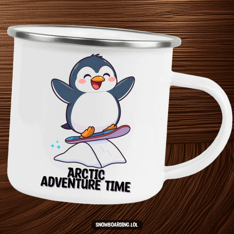 Funny camping mug featuring a joyful penguin snowboarding mid-air, durable and perfect for outdoor adventures.
