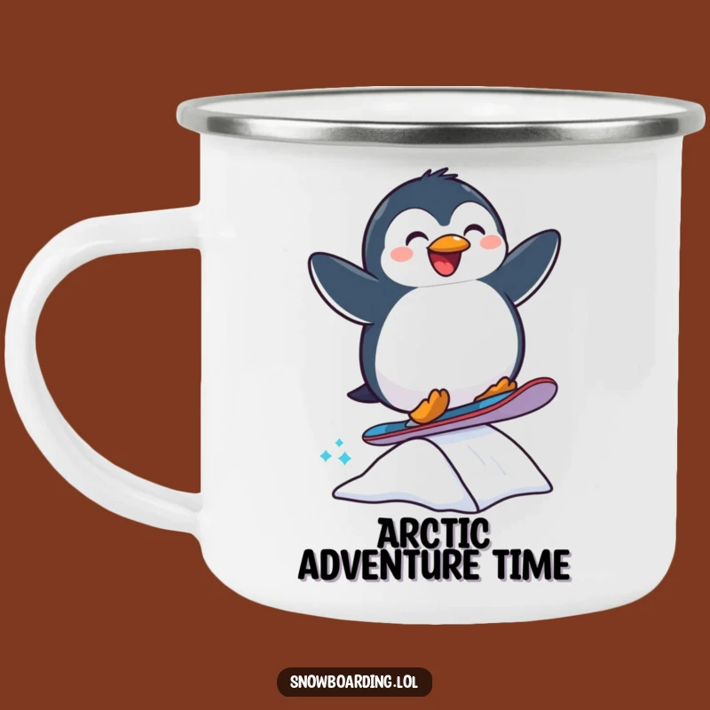 Funny Penguin Camping Mug: Snowboard Adventure Cup Gift