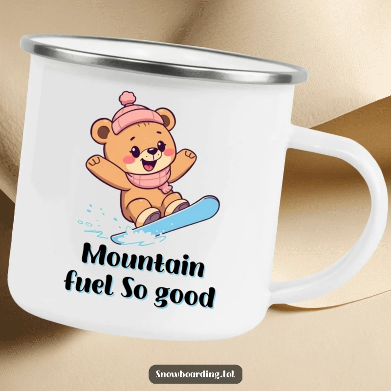 Funny Snowboard Bear Cub Camping Mug: A bear cub carving snowboard turns, radiating outdoor fun and glee.