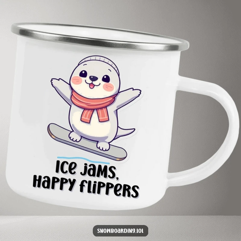 Funny Seal Snowboard Balance Camping Mug for outdoor excursions, bringing cheerful winter humor and stable fun.