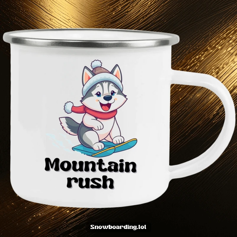 Funny husky camping mug, a cheerful dog snowboarding, for outdoor fun. A humorous travel companion.