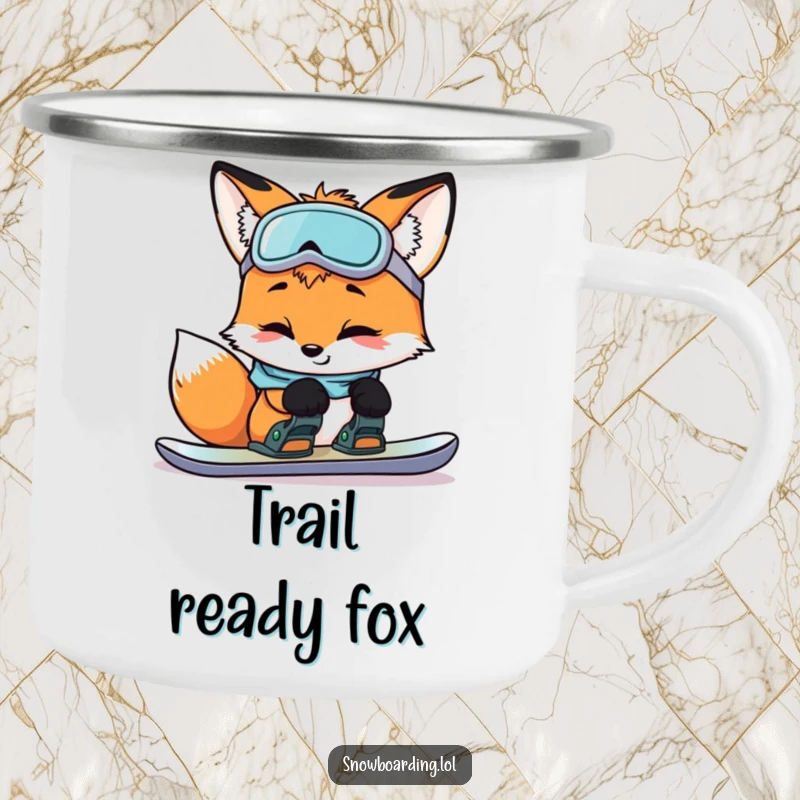 Funny curious fox inspecting snowboard bindings with a smile, on a durable camping mug for humorous outdoor enjoyment.