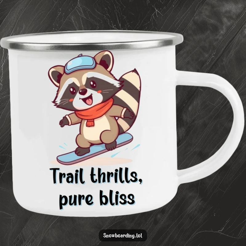Funny Raccoon Snowboard Spin Camping Mug for outdoor adventures, bringing a touch of winter humor and gleeful action.