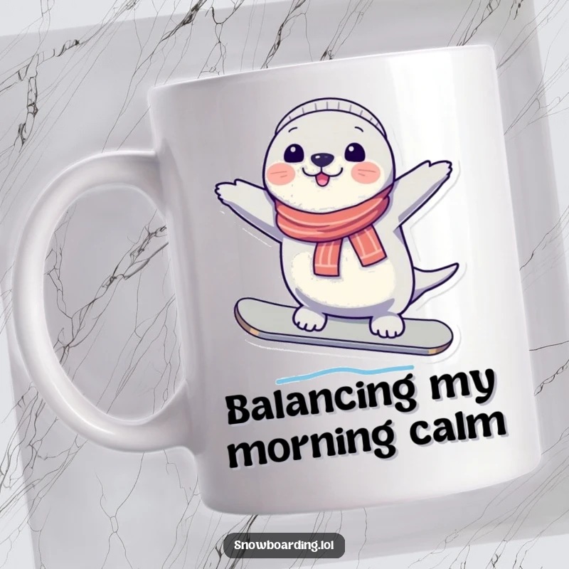 Funny Seal Mug, depicted as cheerful and perfectly balanced on a snowboard, exuding winter joy and playful balance.