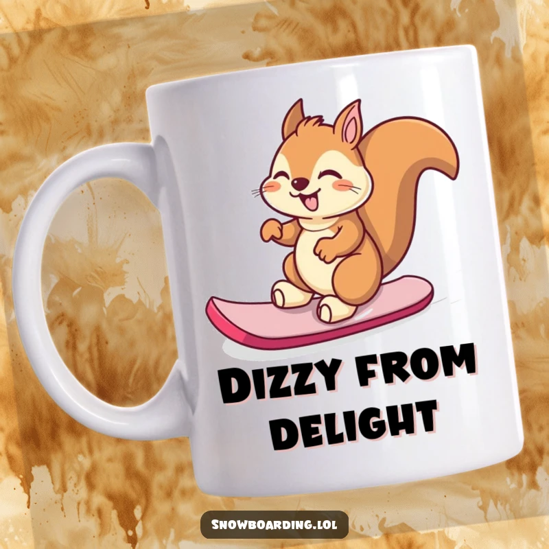 Funny giggling squirrel spinning gleefully on its snowboard, conveying pure winter sports joy.