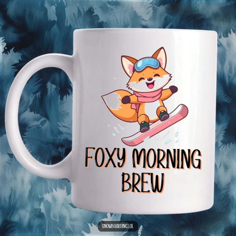 Funny happy fox attempting a flip on a snowboard, depicted on a mug.