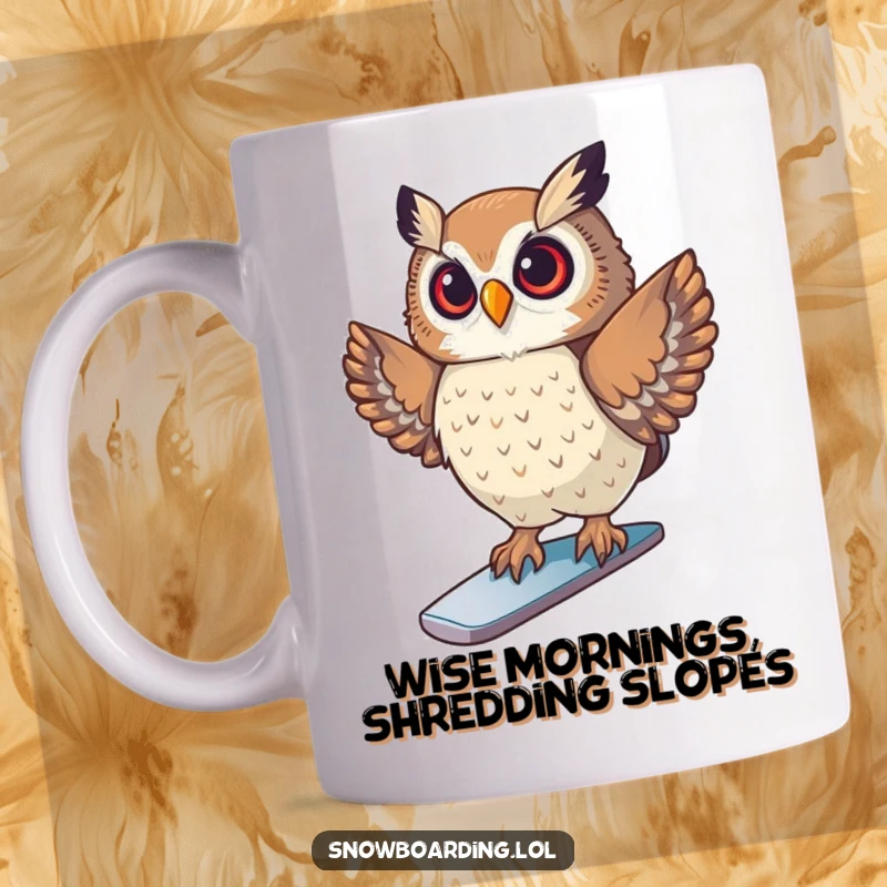 Funny Mug featuring a proud owl striking a pose on a snowboard, embodying cool confidence and winter sports passion humorously.
