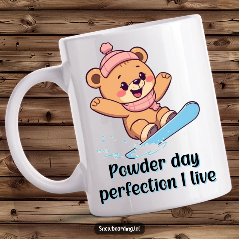 Funny Snowboard Bear Cub Mug: A joyful bear cub carving turns on a snowboard, full of winter glee.