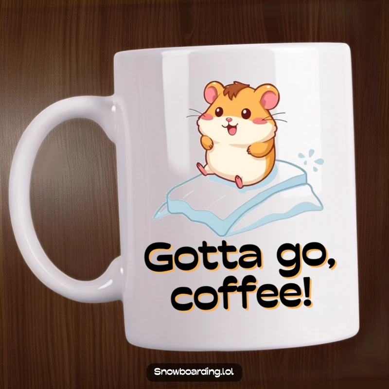 Funny mug depicting a cheerful hamster racing down a small icy incline, capturing a moment of small-scale, high-speed amusement.