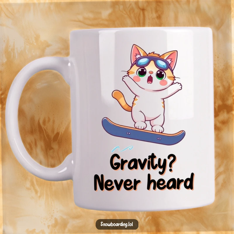 Funny surprised cat mid-air on a snowboard, looking shocked with paws flailing, perfect for winter sports enthusiasts.
