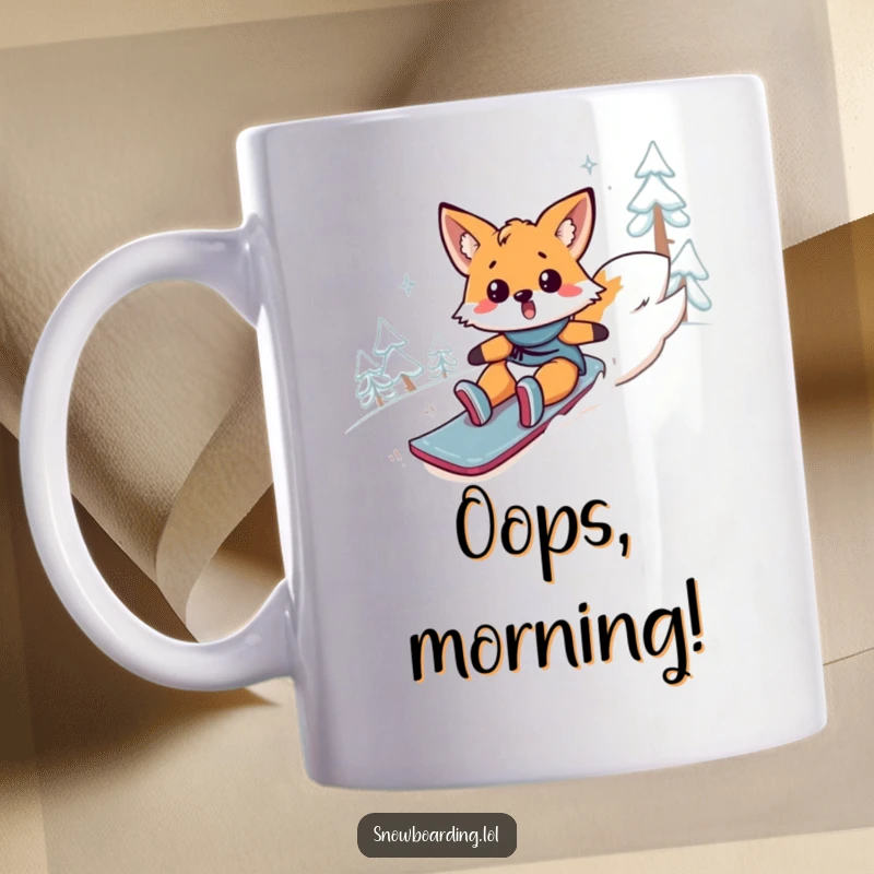 Funny fox snowboard mug, a surprised animal comically tumbles headfirst down a snowy mountain. Hilarious disaster.