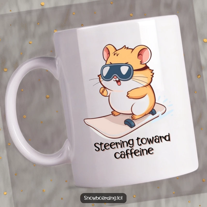 Funny Hamster Mug, hilariously trying to steer a snowboard, capturing a moment of curious winter determination.