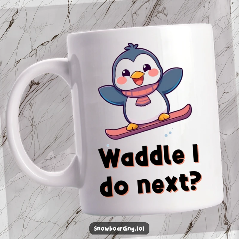 Funny joyful penguin doing a playful jump with a snowboard, mid-air and full of winter sports excitement.