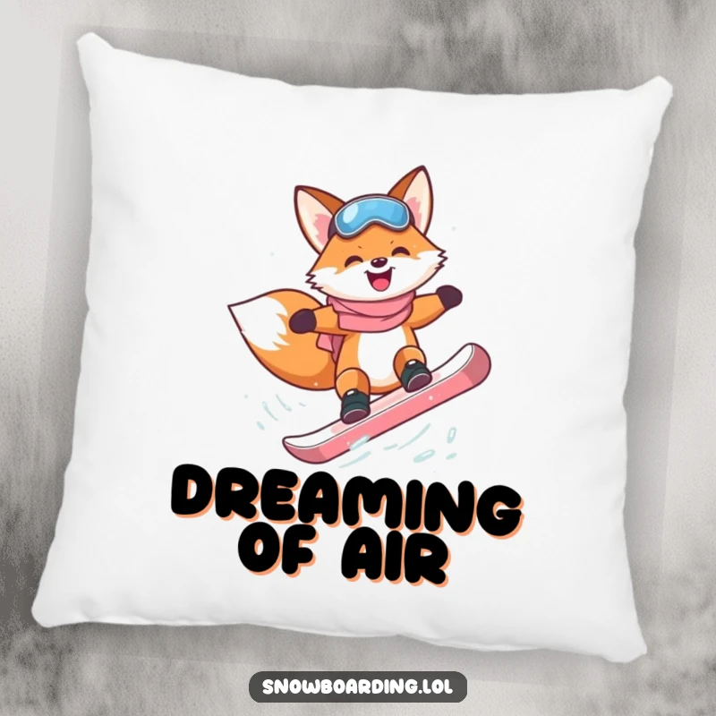 Funny happy fox attempting a flip on a snowboard on a plush pillow.