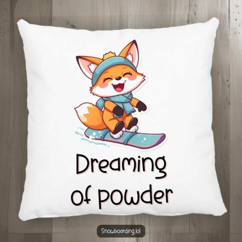 Funny pillow featuring a joyful fox catching air on a snowboard, grinning with excitement, offering plush comfort and wintery fun.