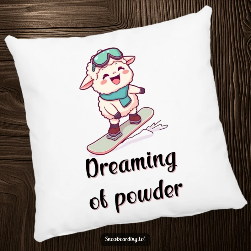 Funny pillow showcasing a sheep gleefully attempting to snowboard, captured in a moment of hilarious instability. Soft decor item.
