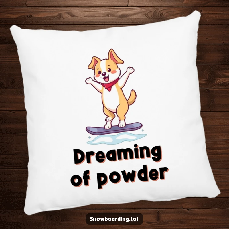 Funny pillow depicting a dancing dog perfectly poised on a snowboard, tail wagging, bringing whimsical humor and comfort to any space.
