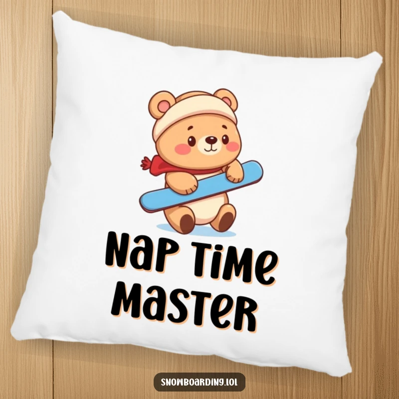 Funny cute bear balancing a snowboard on its nose on a plush pillow.