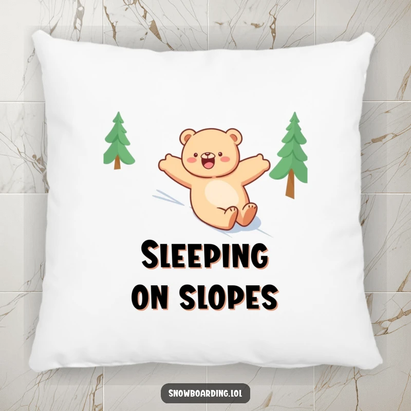 Funny bear pillow, happily sliding down a snowy slope with arms outstretched, providing cozy comfort and winter cheer.