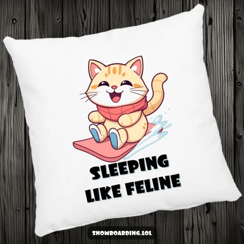 Funny grinning cat sliding on a snowboard with windblown fur on a plush pillow.