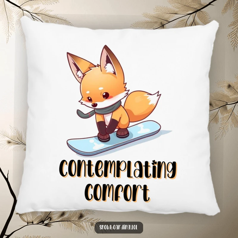 Funny curious fox cautiously testing its snowboard, a soft and humorous pillow for contemplation.