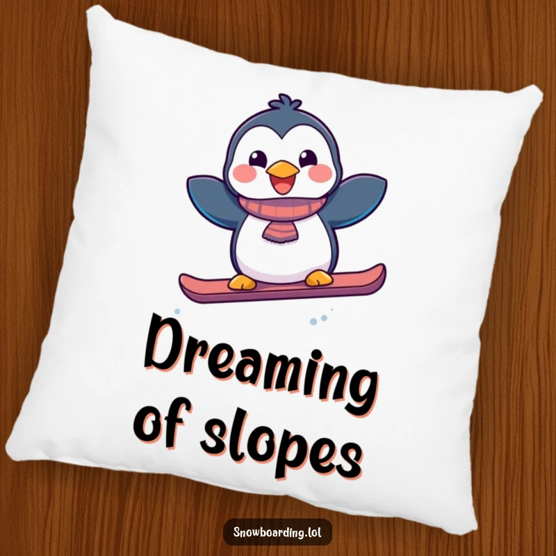 Funny joyful penguin performing a playful snowboard jump, a cozy and humorous pillow for winter lovers.