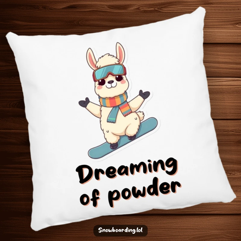 Funny Llama Snowboarder Pillow: A plush pillow featuring a cool llama posing on a snowboard, perfect for adding comfort and humor.