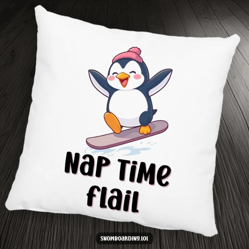 Funny Penguin Snowboard Pillow: A penguin attempting a snowboard jump with flailing arms, bringing cozy, humorous vibes.