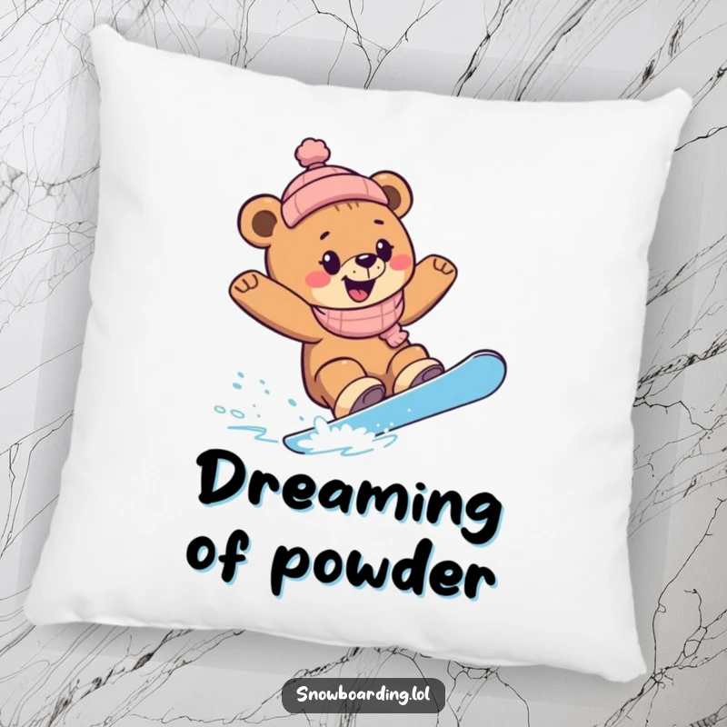 Funny Snowboard Bear Cub Pillow: A happy bear cub carving sharp snowboard turns, bringing cozy winter cheer.