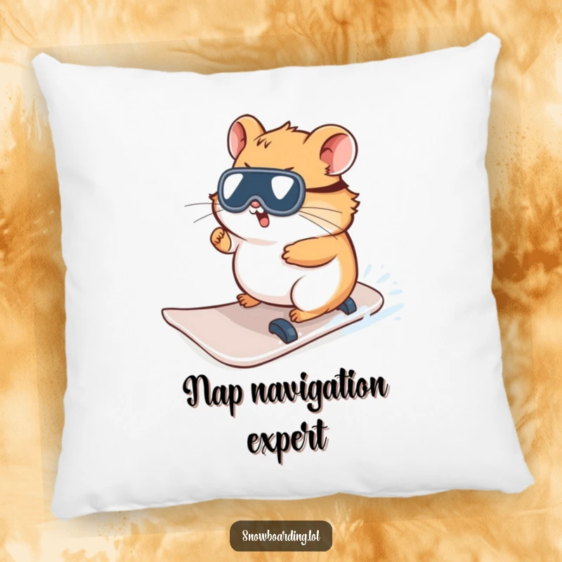 Funny Hamster Pillow, depicting a curious character trying to steer a snowboard, offering cozy comfort and winter humor.