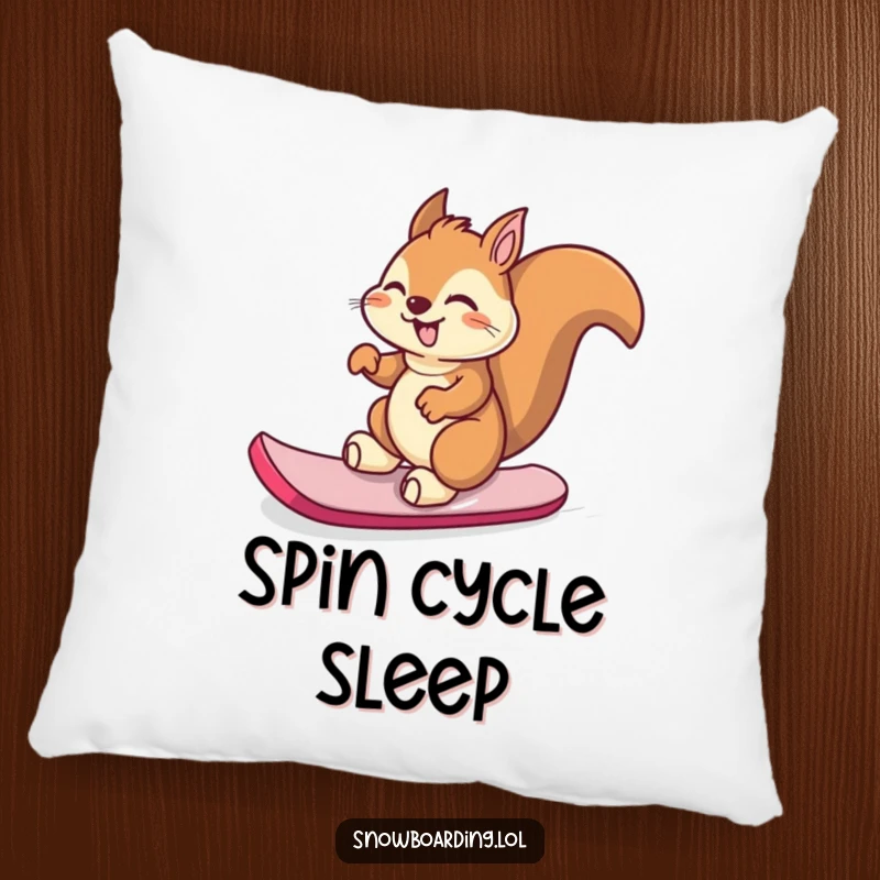 Funny giggling squirrel spinning on its snowboard, a soft and humorous pillow for cozy moments.