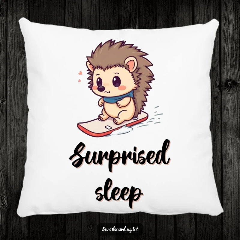 Funny pillow featuring a curious hedgehog looking surprised on a tiny snowboard, perfect for comfortable, humorous winter lounging.