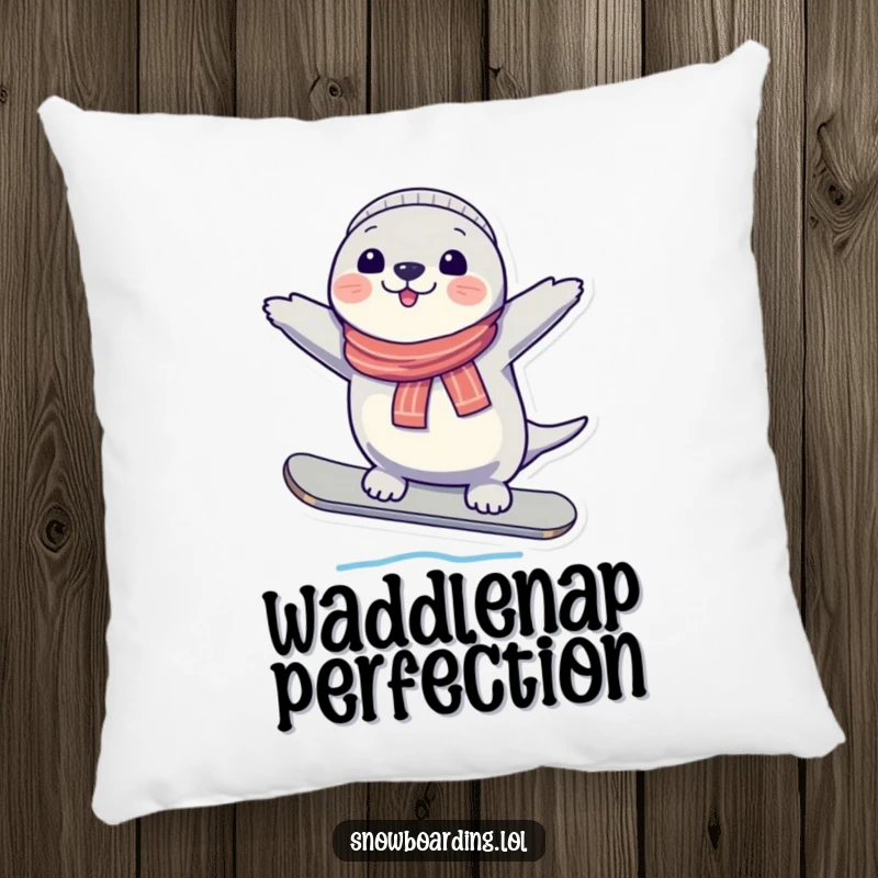 Funny Seal Pillow, depicting a cheerful character balancing on a snowboard, offering cozy comfort and winter humor.