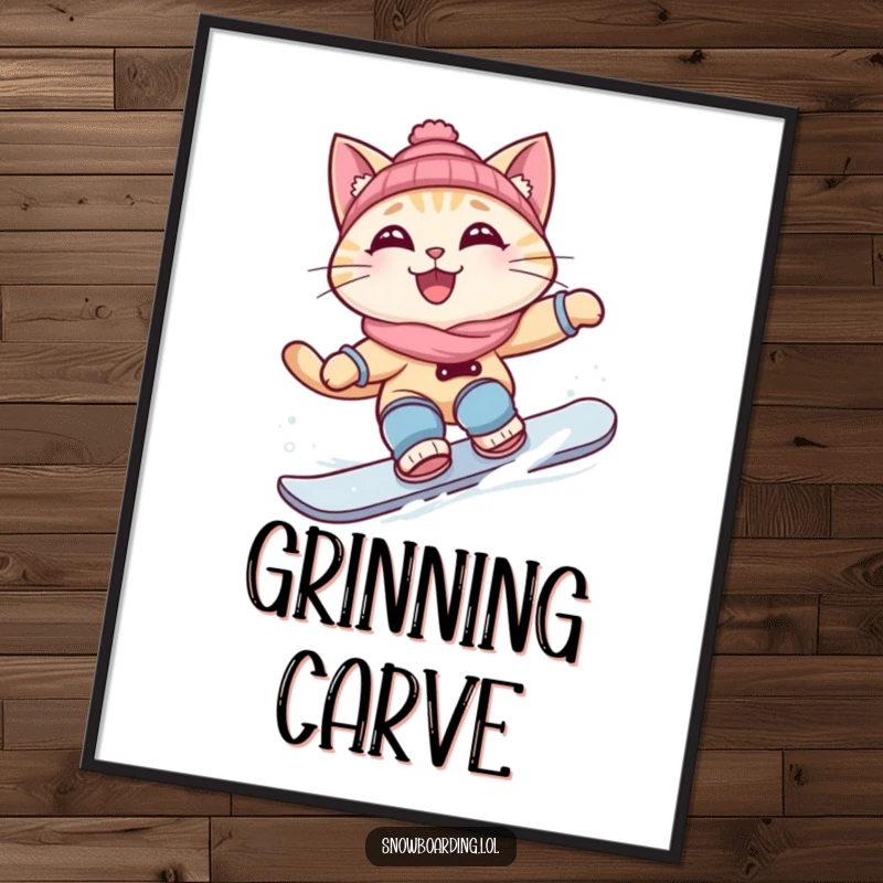 Funny digital art print of a curious cat grinning while snowboarding a turn, full of cool rider attitude.