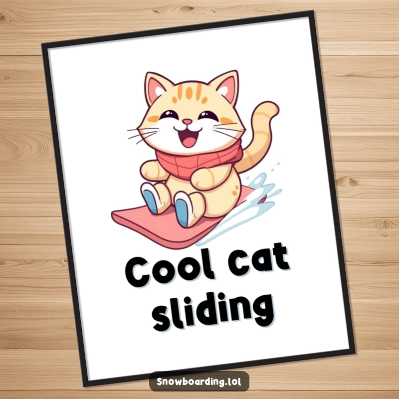 Funny grinning cat sliding on a snowboard with windblown fur, downloadable digital art print.