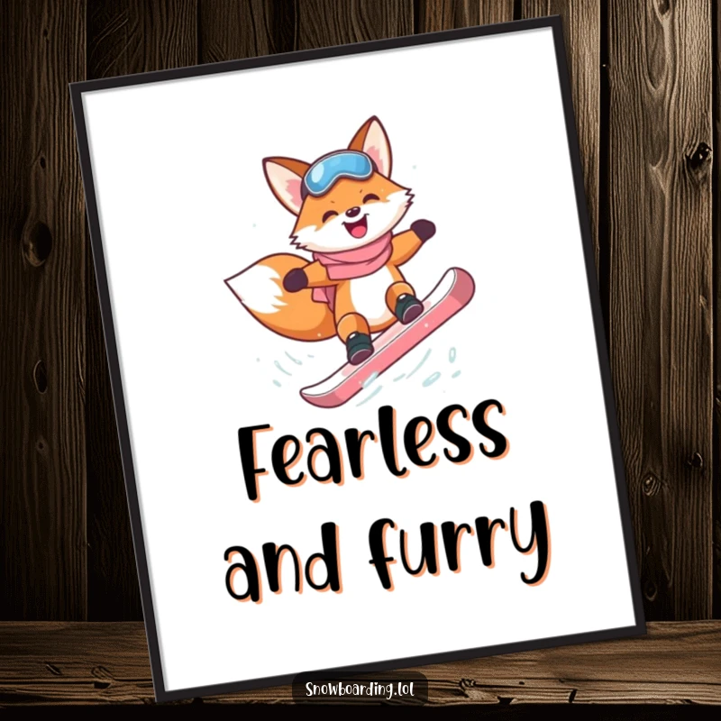 Funny happy fox attempting a flip on a snowboard, downloadable digital art print.