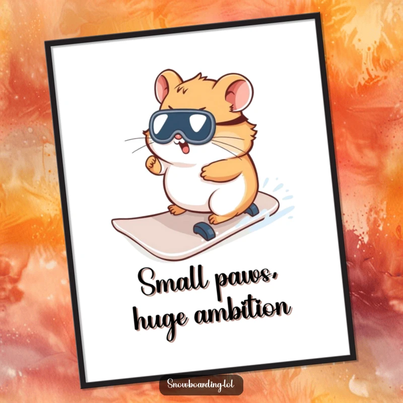 Funny Hamster Snowboard Steering Digital Art Print, capturing a moment of quirky winter determination and humorous effort.